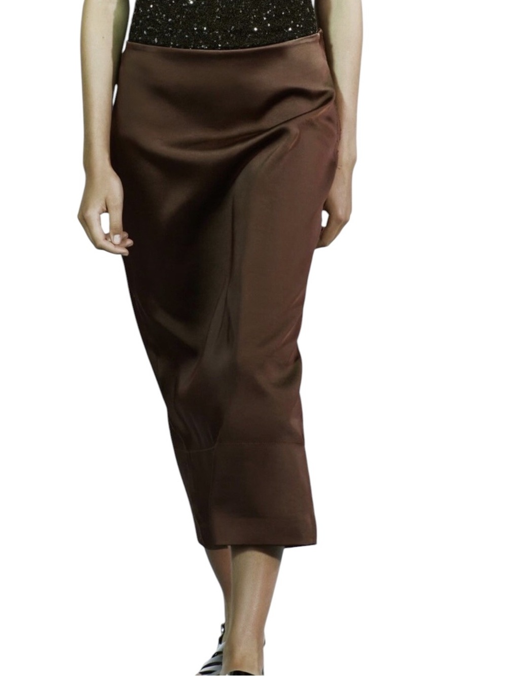 Zara Brown Satin Frayed Fringe Trimmed Midi Skirt - M